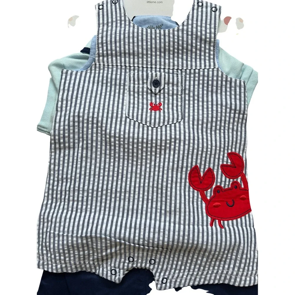 NWT Little Me Baby Boy Nautical 3 Piece Set Polo Shorts Seersucker Romper 3M